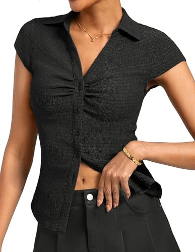 Kate Kasin Women Button Down Blouse, V-Neck Ruched Tops with Y2K Collar, Slim Fit Cap Sleeve Busi... | Amazon (US)