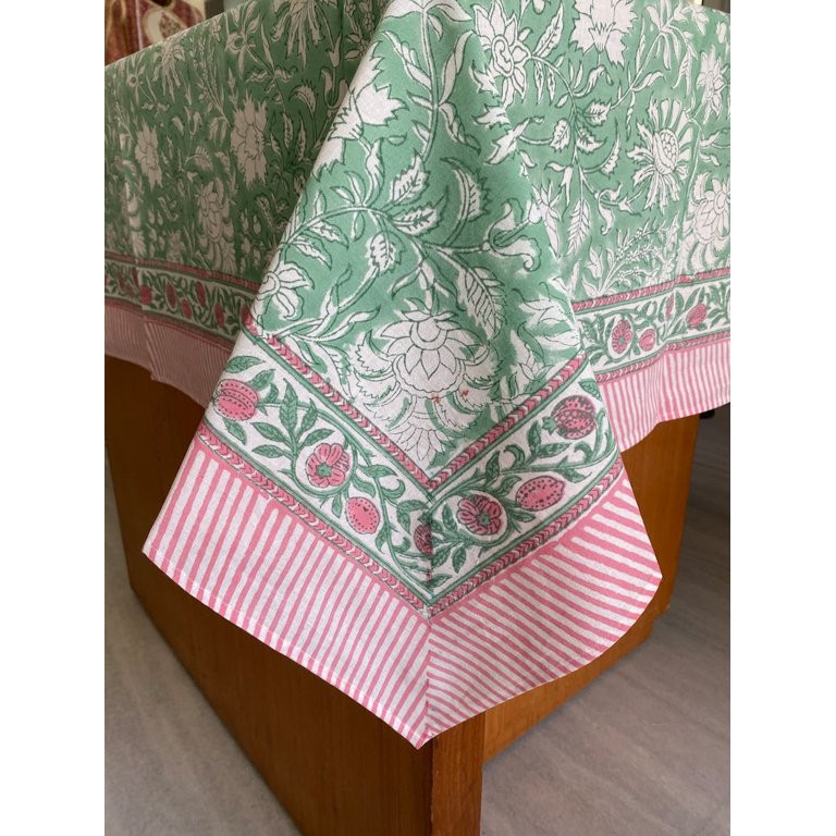 Mint Green, Pink and White Indian Hand Block Printed Tablecloth, Floral 100% Cotton Table Cover, ... | Walmart (US)