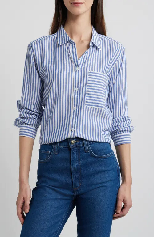 beachlunchlounge Candy Stripe Cotton Blend Button-Up Shirt in Blue Wale at Nordstrom, Size Small | Nordstrom