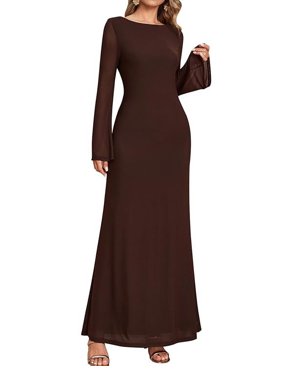 EYNMIN Long Sleeve Maxi Dress Backless Tie Bodycon Mesh 2025 Fall Formal Wedding Guest Dresses fo... | Amazon (US)