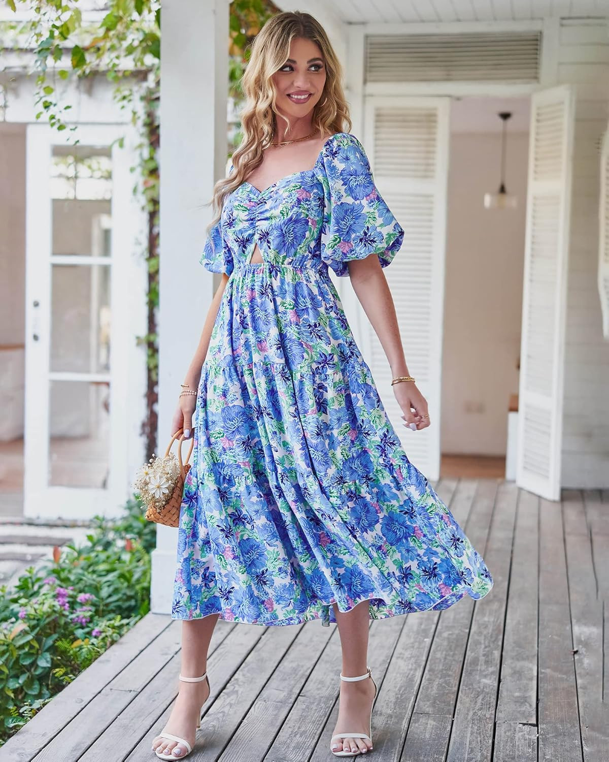 BTFBM Women Summer Dresses 2023 Casual Flowy Beach Square Neck Puff Short Sleeve Smocked Back Boh... | Amazon (US)