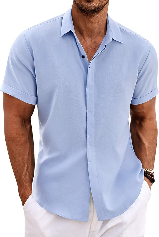 COOFANDY Men's Linen Shirts Short Sleeve Casual Shirts Button Down Shirt for Men Beach Summer Wed... | Amazon (US)