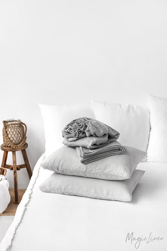 Linen sheet set in Light Gray. Fitted sheet, flat sheet, 2 pillow cases. Linen bedding, King, Que... | Etsy (AU)