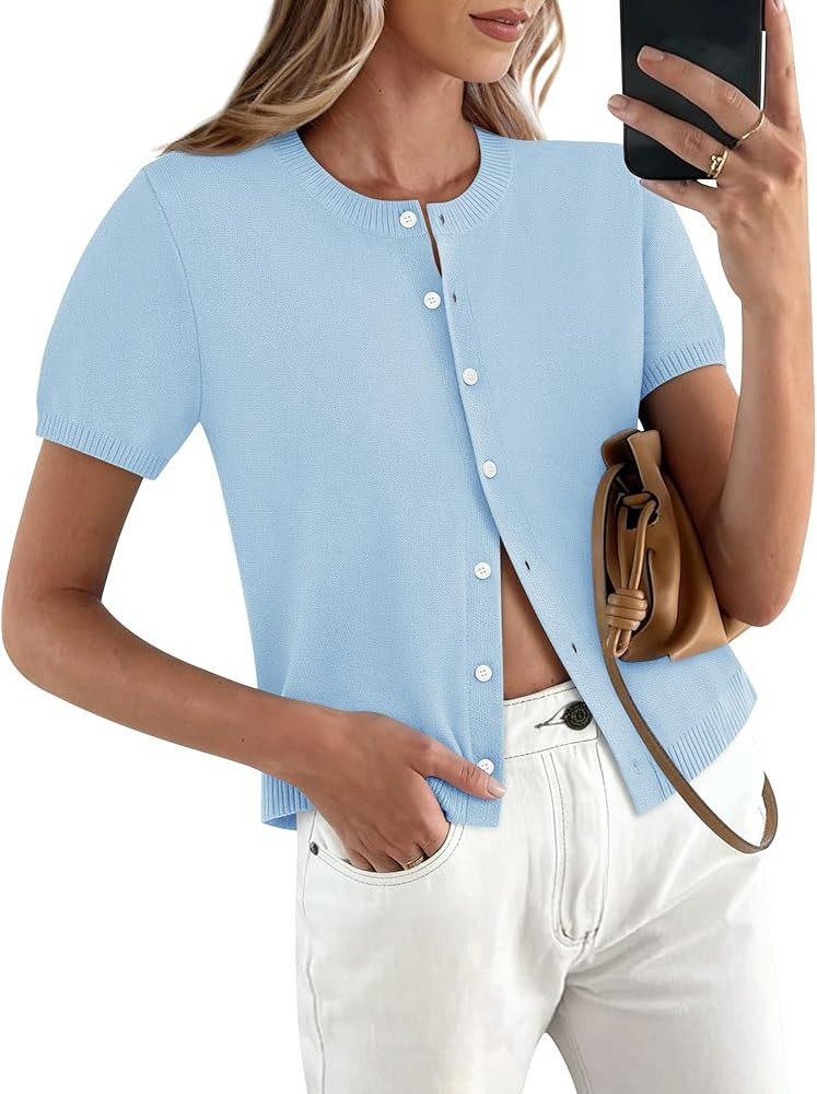 Womens Short Sleeve Cardigan Button Up Lightweight Summer Spring Cute Trendy Thin Cropped Knit Cardigans | Amazon (US)