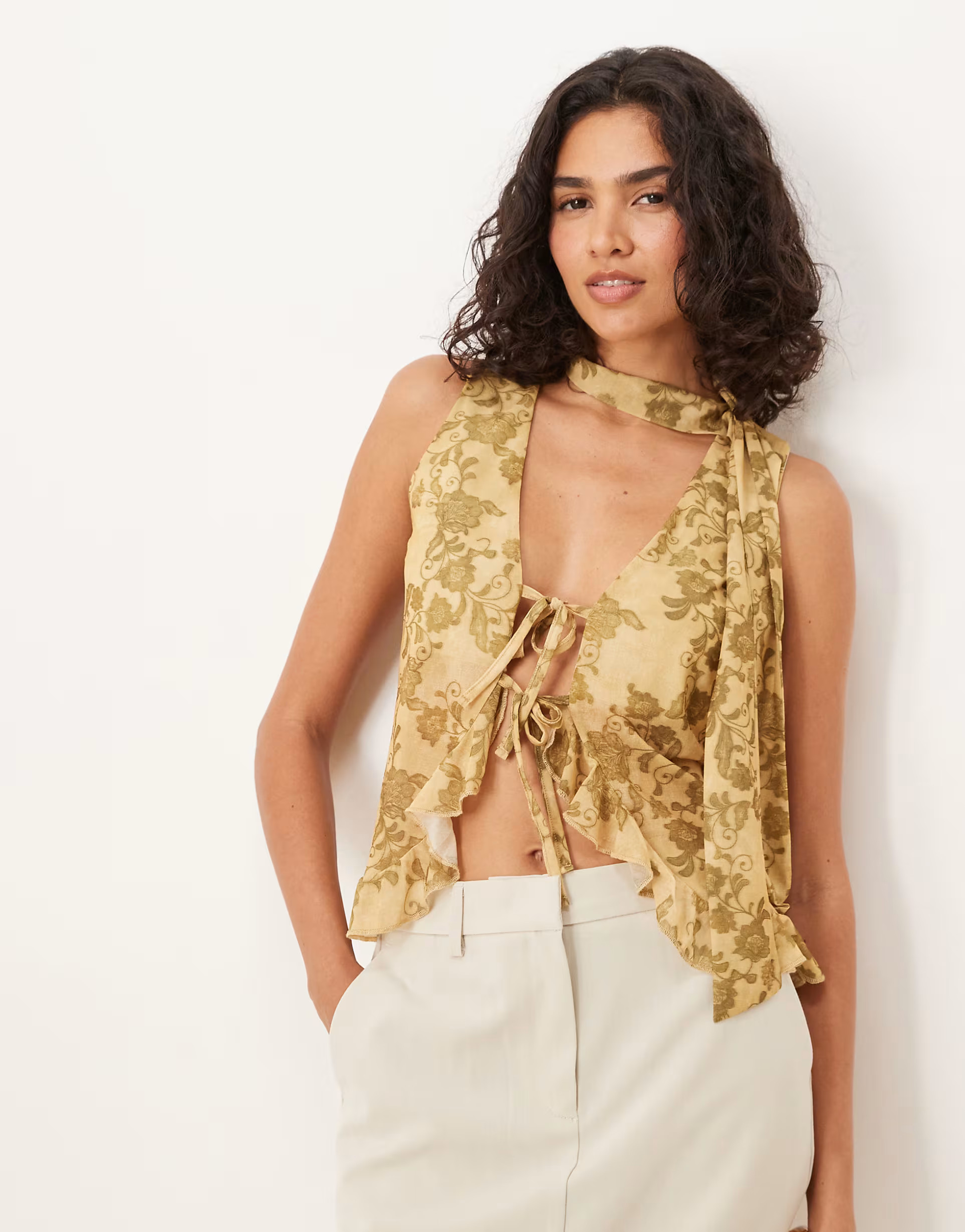 ASOS DESIGN ruffle waistcoat with scarf in green floral print | ASOS (Global)