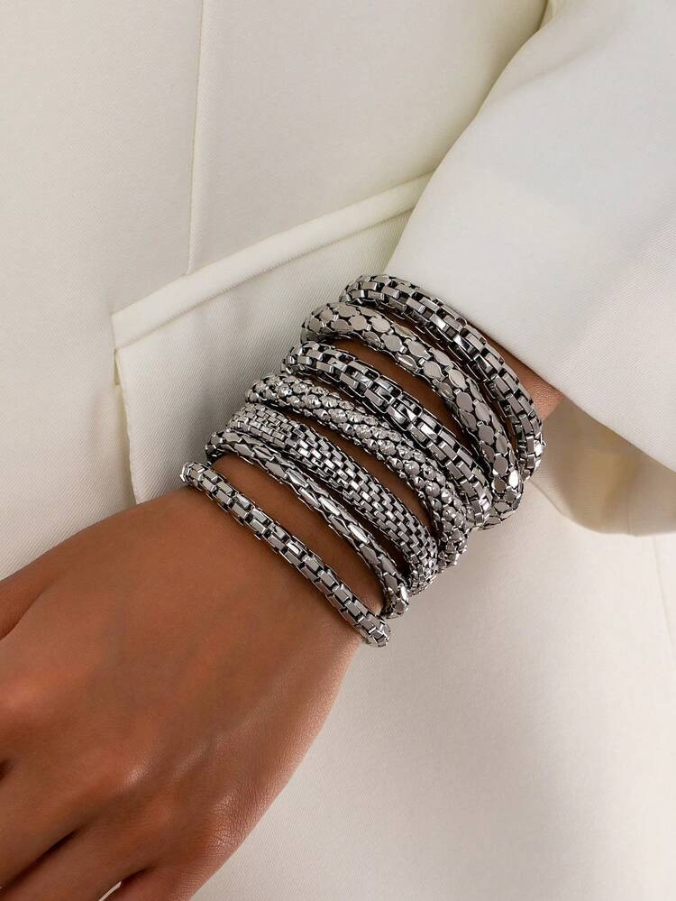 Pack Of 7 Retro Vintage Basic Design Chunky Chain Bracelets Set , Women Fashionable Bracelet Jewe... | SHEIN
