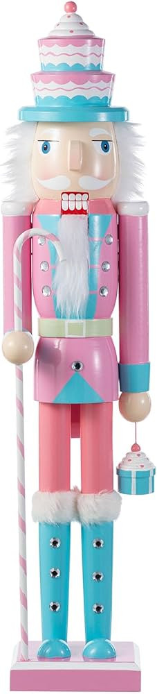 Glitzhome 24" H Pink Nutcracker Christmas Decor Wooden Nutcracker Ornaments Pink Cake Nutcracker ... | Amazon (US)