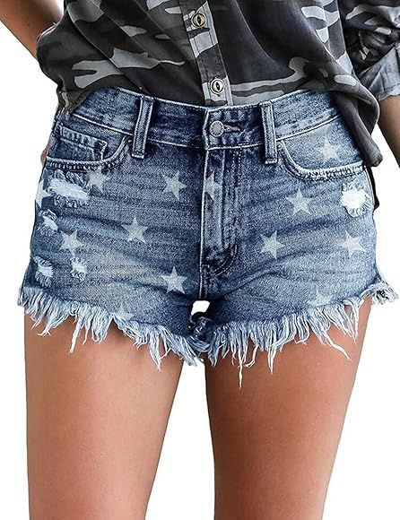 Womens Jean Shorts Mid-Rise Frayed Raw Hemline Ripped Denim Short Jeans | Amazon (US)
