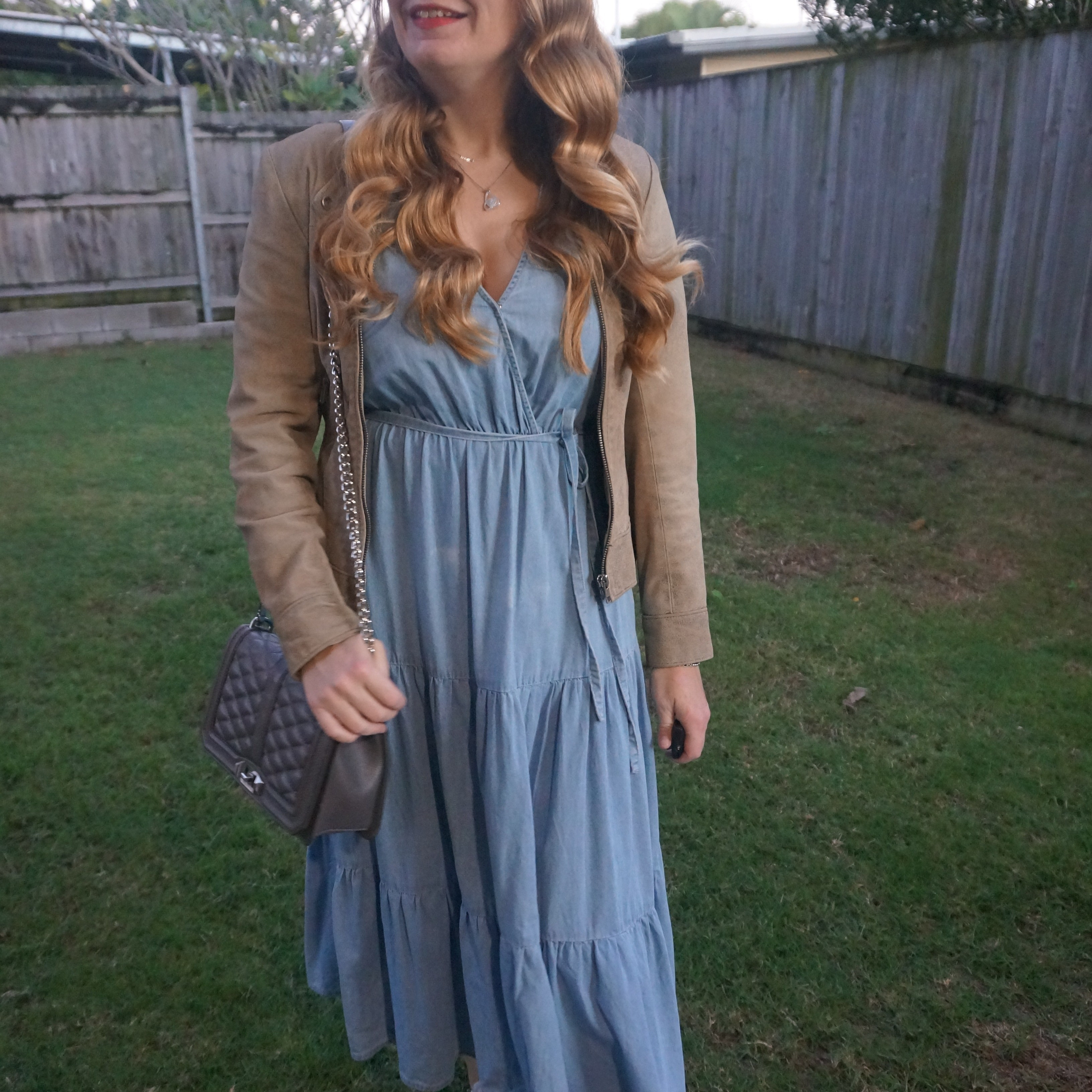 Thrifted vintage leather jacket again with chambray Kmart Anko tiered wrap dress and grey Rebecca Minkoff quilted love bag 💙

#LTKaustralia #LTKbag #LTKworkwear