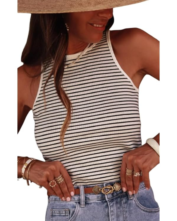 Women's Stripe Ribbed Knit Tank Tops Summer Casual Slim Fit Sleeveless Tops for Daily Wear | Amazon (US)