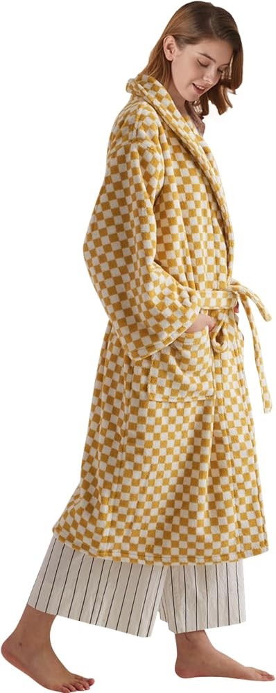 Womens Pure Cotton Yarn Dyed Terry Cloth Bathrobe Checker Stripe Spa Robe Good Absorbent Towel | Amazon (US)