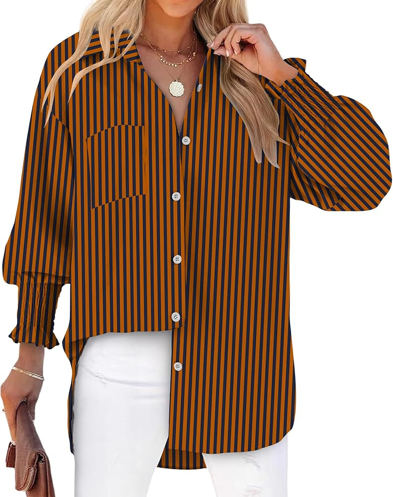 Womens Striped Button Down Shirts Smocked Puff Sleeve Boyfriend Blouse Collar Oversized Work Tops... | Amazon (US)