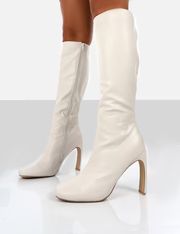 Peppa Ecru Block Heel Knee High Boots | Public Desire