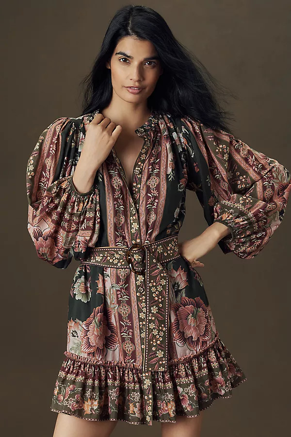 Farm Rio Belted Puff-Sleeve Mini Dress | Anthropologie (US)