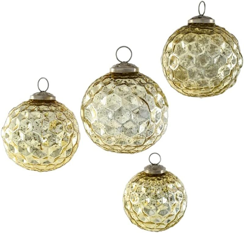 Serene Spaces Living Set of 4 Gold Diamond Dimple Glass Ball Ornaments for Christmas Tree, Holida... | Amazon (US)