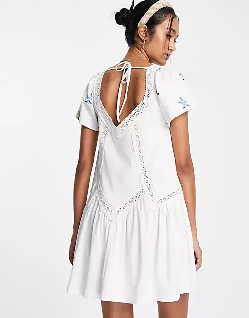 ASOS DESIGN short sleeve smock dress with lace inserts and floral embroidery in white | ASOS (Global)