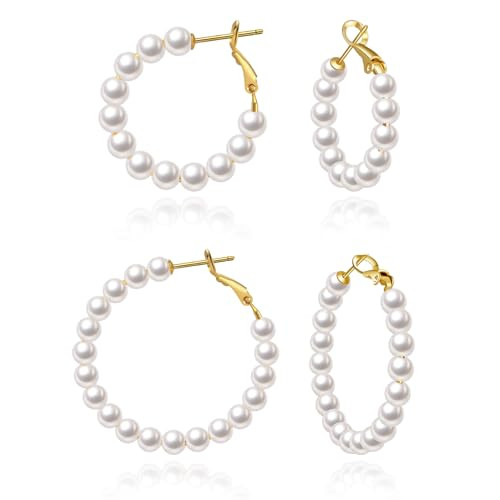 VEEDOFA Pearl Hoop Earrings for Women, 2pcs Lightweight Pearl Hoop Earrings with 925 Sterling Silver Post, 14K Gold Plated Hypoallergenic Pearl Earrings Set, 20MM&30MM | Amazon (US)