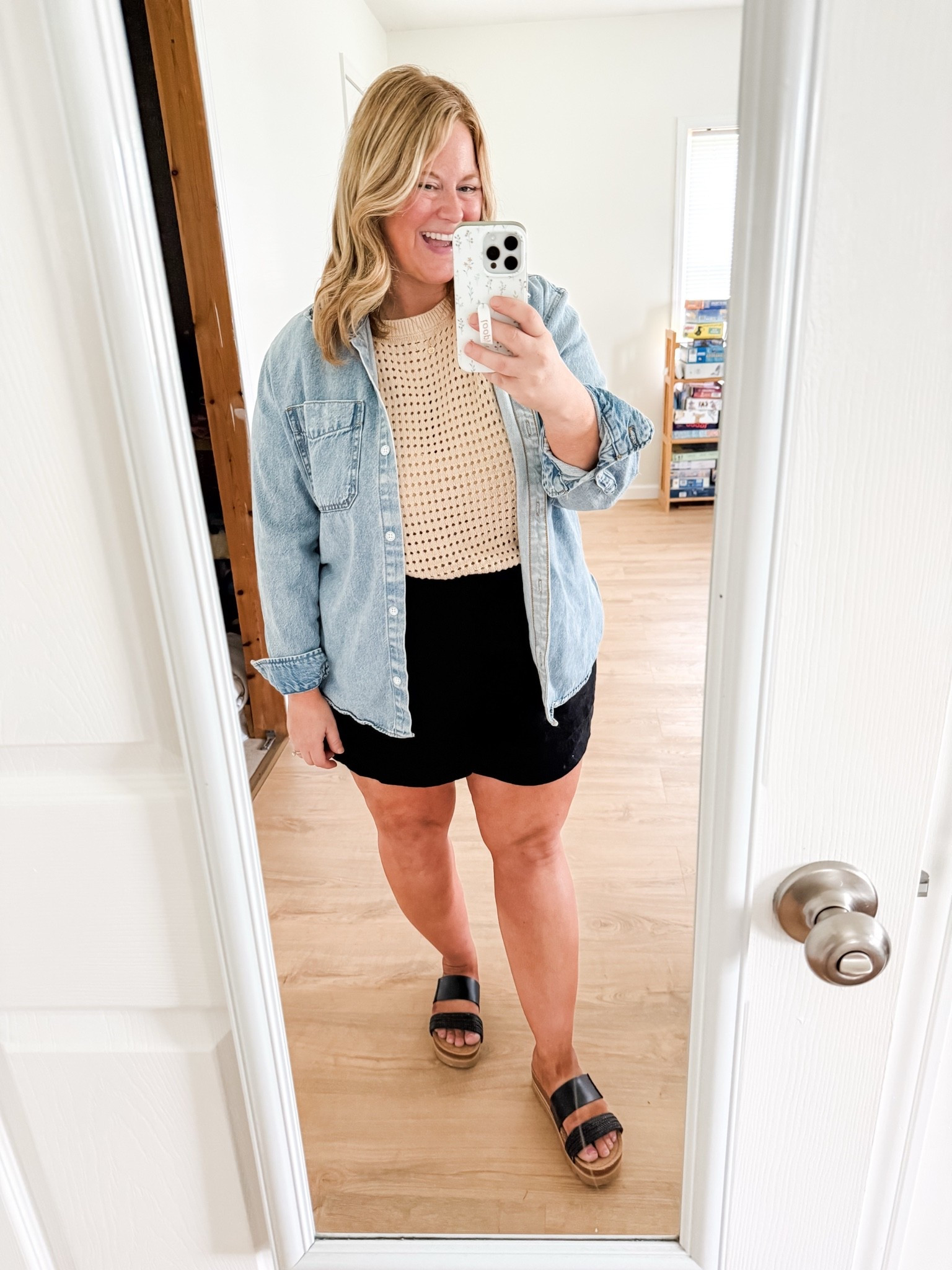 Easy summer postpartum outfit / wearing a large in my crochet sweater tee and an XXL in my black linen shorts.  My denim shirt is older so I linked similar

#LTKSeasonal #LTKMidsize #LTKBump