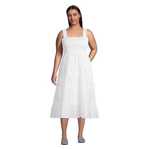 Women's Plus Size Sleeveless Cotton Poplin Smocked Dress | Lands' End (US)