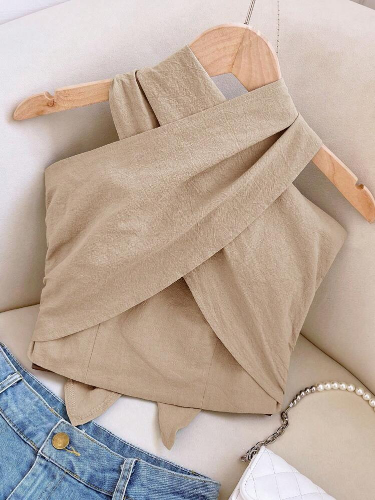 Travachic Women's New Stylish Summer Solid Color Elegant Cross Halter-Neck Slim-Fit Versatile Bac... | SHEIN