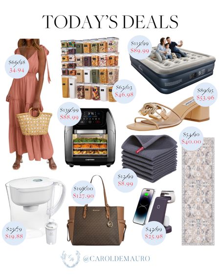 Check out today’s deals! A chic coral sleeveless maxi dress, pantry organizers, an air mattress, neutral slip-on heels, a classic rug, Brita water filter, and more!
#summerfashion #springcleaning #homeessentials #electronicgadgets

#LTKItBag #LTKHome #LTKSaleAlert