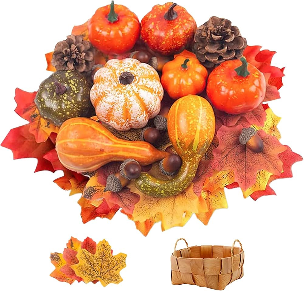DomeStar 50 PCS Thanksgiving Artificial Pumpkins and Gourds Set, 8 PCS Fake Pumpkins, 12 PCS Pine... | Amazon (US)