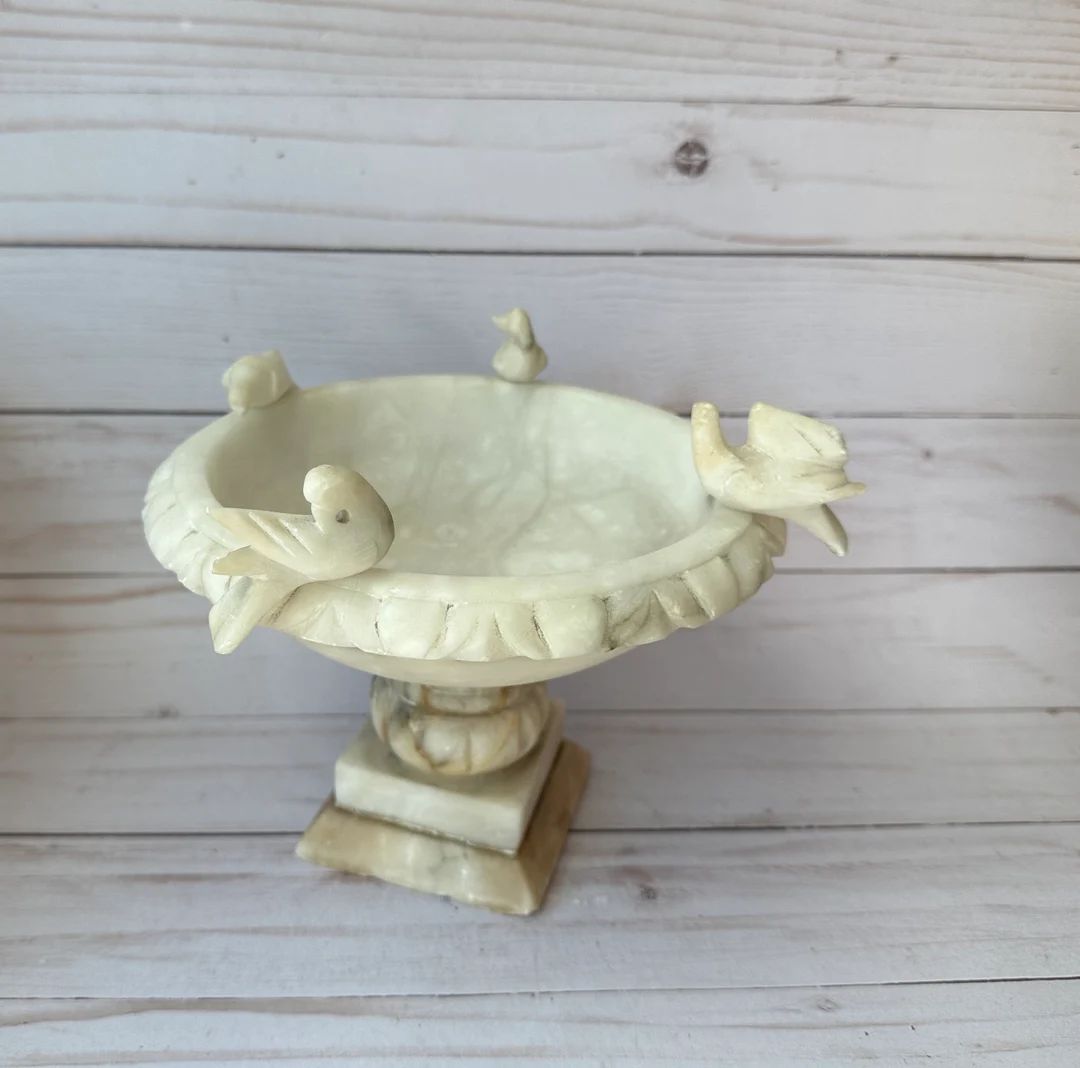 Vintage Alabaster Pedestal Bowl-- Large Alabaster Bird Bath | Etsy (US)