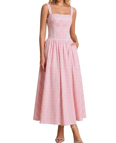 XinFSh Women's Summer Gingham Midi Dress Square Neck Flowy Lace Corset Dresses Garden Patry Picnic Sundress with Pockets Pink | Amazon (US)
