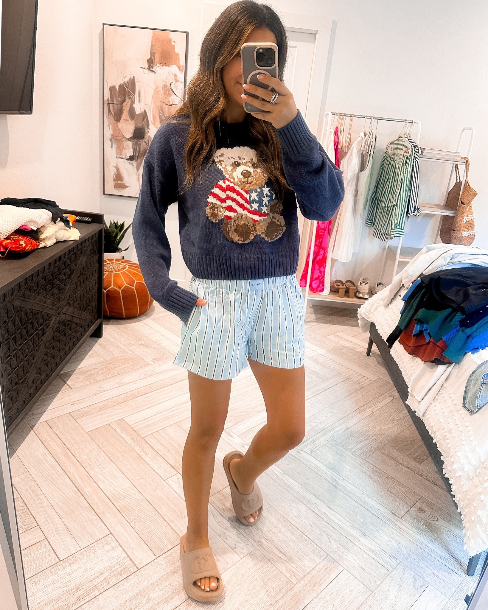 Cute 4th of July look. Stripe boxer shorts and American flag teddy bear sweater. Ralph Lauren look alike  
Wearing size small in sweater and size XS in boxers  

#LTKFindsUnder50 #LTKSeasonal #LTKStyleTip