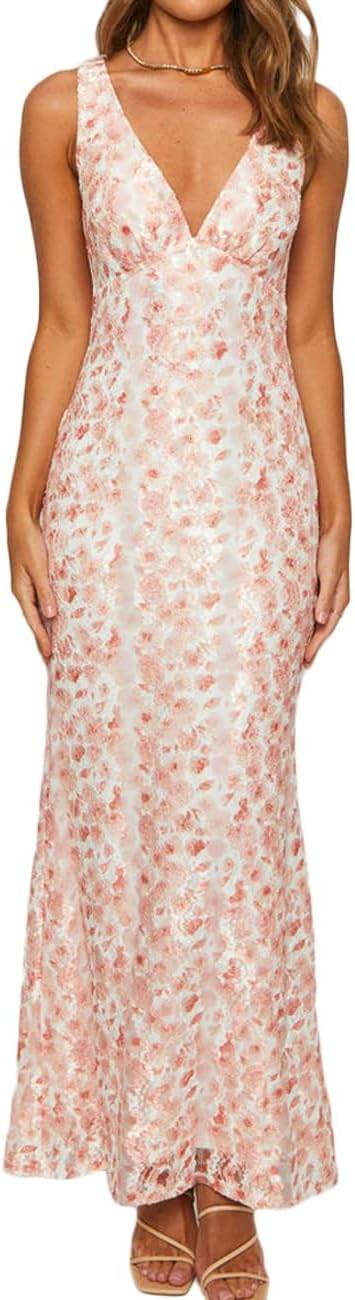 Elegant Lace Floral V Neck Backless Bodycon Dresses for Women Sexy Cut Out Low Back Sleeveless Ma... | Amazon (US)