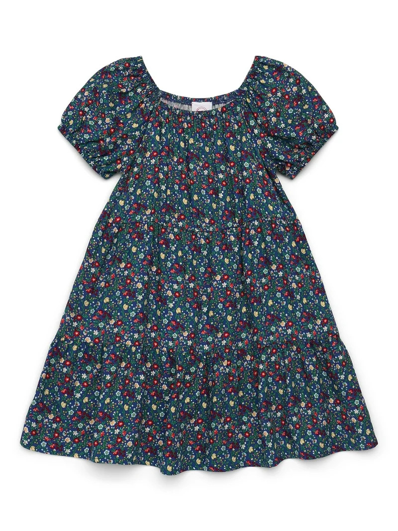 Wonder Nation Toddler Girl's Floral Tiered Dress with Short Puff Sleeves, Sizes 12M-5T | Walmart (US)