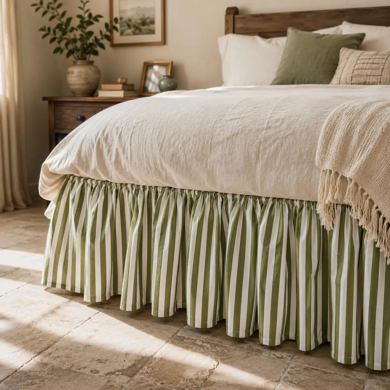 Olive Green Stripe Ruffle Bed Skirt, Farmhouse Bed skirt, Gathered Dust Ruffle, Cottagecore Bedding, Queen King Twin Bed Valance, Bedroom | Etsy (Global)