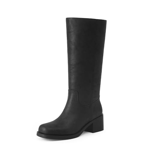 Adolilove Mid Calf Boots for Women Chunky Block Heel Women’s Tall Boots Square Toe Comfortable Casual Boots Low Heel Trendy Stylish Boots, Black, Size 7.5 | Amazon (US)