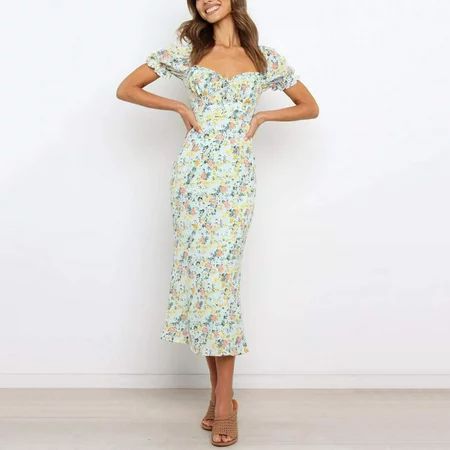 Women Floral Long Dress Romantic Square Neck Puff Sleeve Tie Front Pencil Dress Summer Elastic High  | Walmart (US)