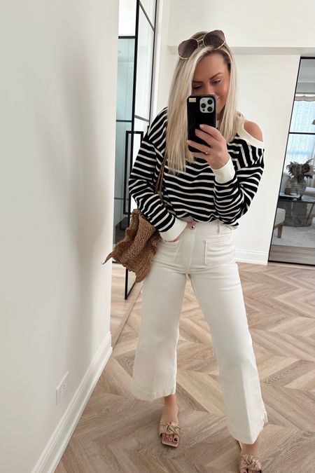 Cold shoulder tops are making a comeback! Obsessed with these bone white pants & they are nude lined so they aren’t see through! 
Use code: LILLIEXSPANX (excludes sale)

Spring outfit. White pants. Spring style. Work outfit. Stripes. Spring style. SPANX. 

#LTKworkwear #LTKSeasonal #LTKstyletip