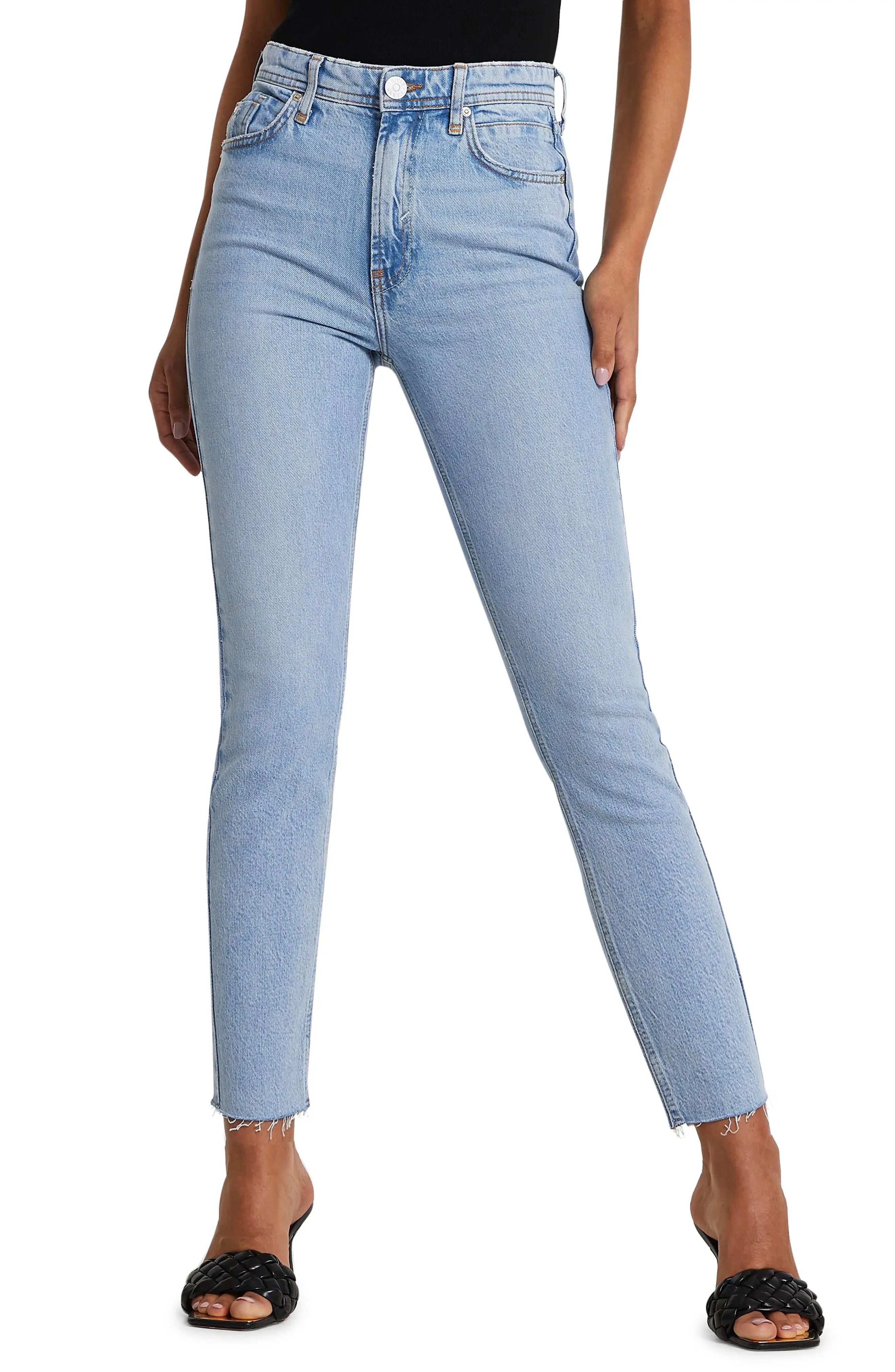 Women's River Island Madison High Waist Fray Hem Slim Straight Leg Jeans, Size 6 US - Blue | Nordstrom