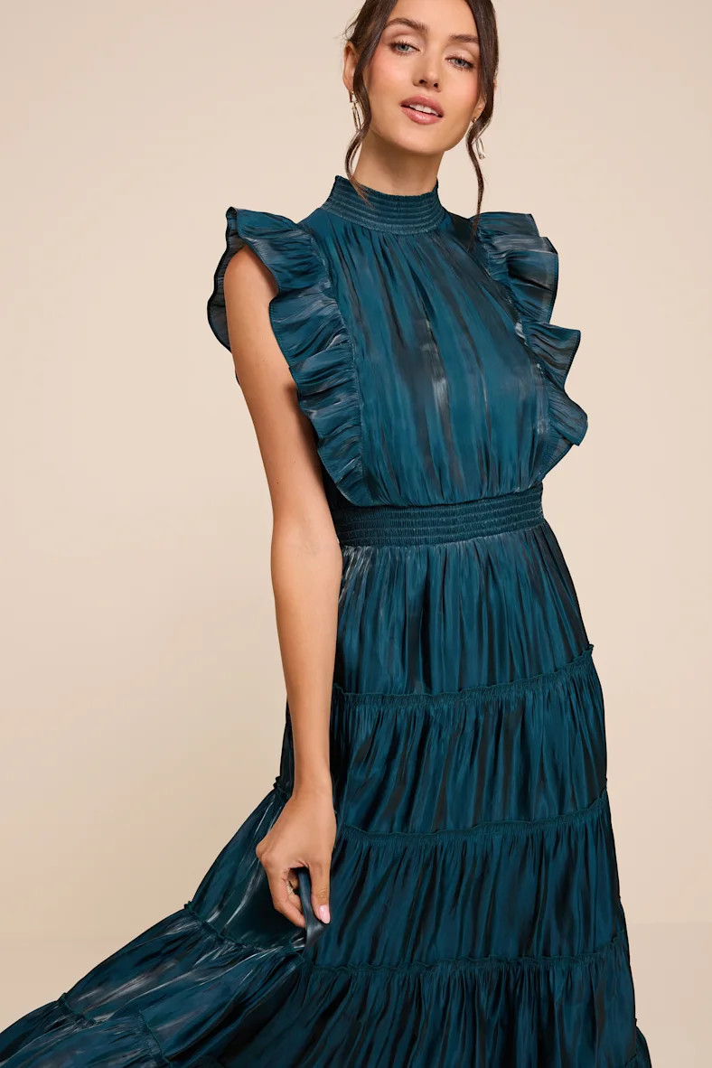 Take a Glance Emerald Green Tiered Mock Neck Midi Dress | Lulus