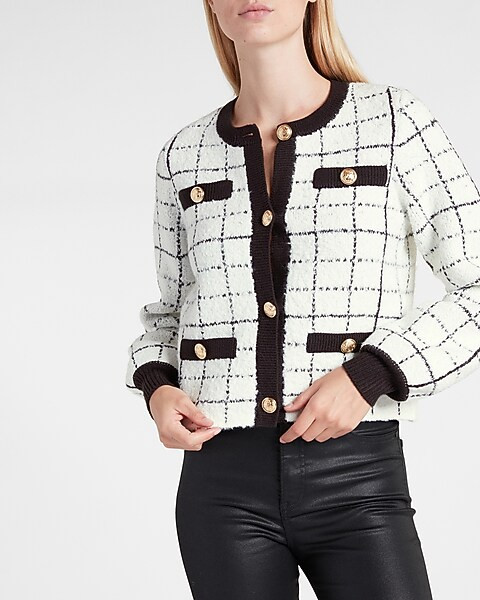 Plaid Novelty Button Sweater Jacket | Express
