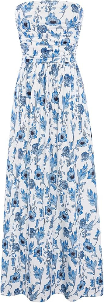 GRACE KARIN Women Strapless Dress Casual Loose Ruched Long Maxi Dress with Pockets | Amazon (US)
