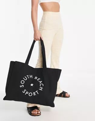 South Beach oversized canvas logo tote bag in black | ASOS (Global)