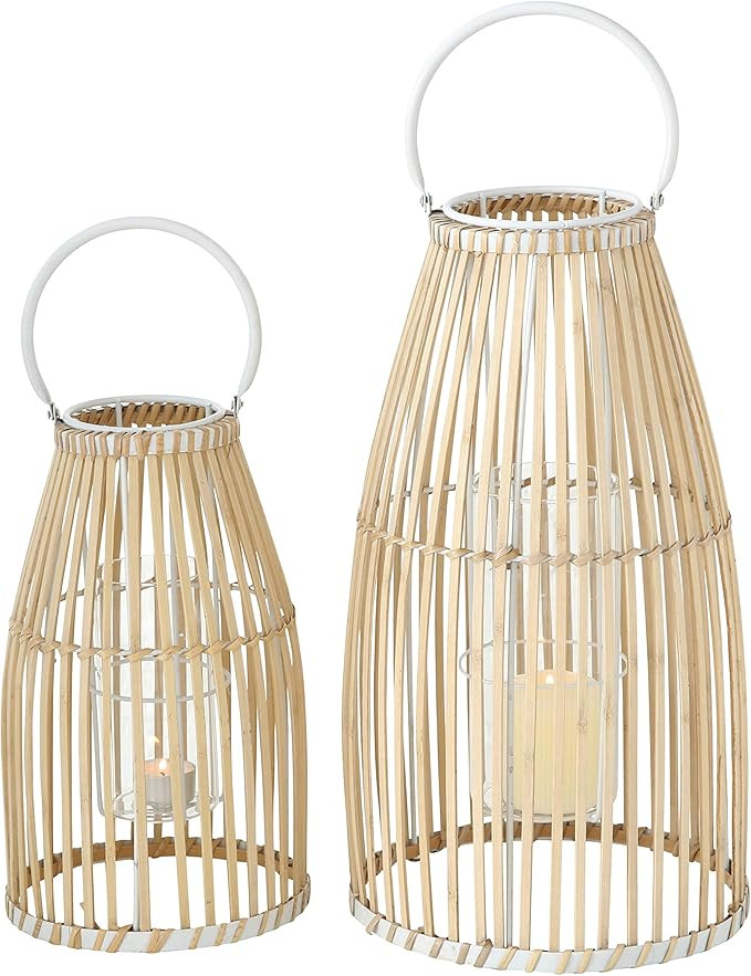 WHW Whole House Worlds Key West Bamboo Hurricane Lanterns, Set of 2, White Metal Frame, Loop Hand... | Amazon (US)