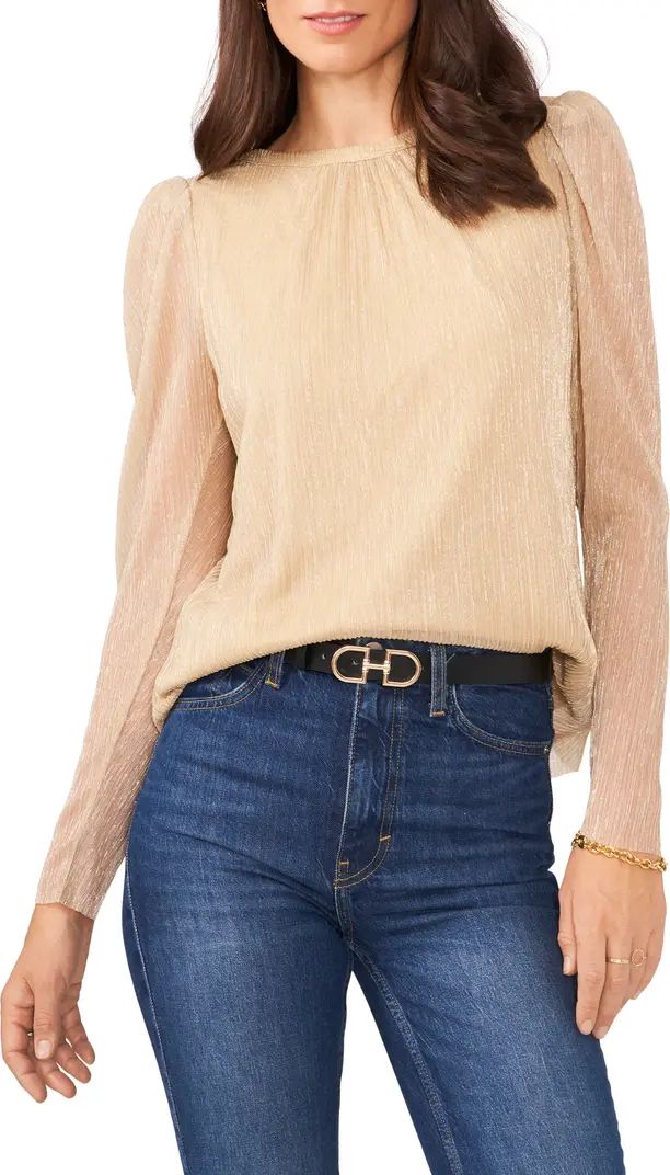 Metallic Puff Shoulder Long Sleeve Plissé Blouse | Nordstrom