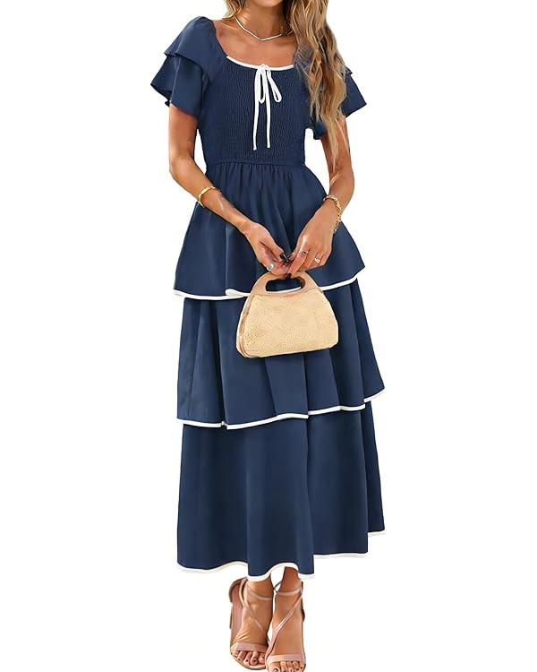 BerryGo Womens Summer Flowy Wedding Guest Long Dress Smocked Tiered Boho Casual Short Sleeve Squa... | Amazon (US)