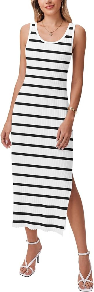Zeagoo Women's Spring Summer Casual Dress Bodycon Midi Sleeveless Striped Knit Maternity Tank Swe... | Amazon (US)