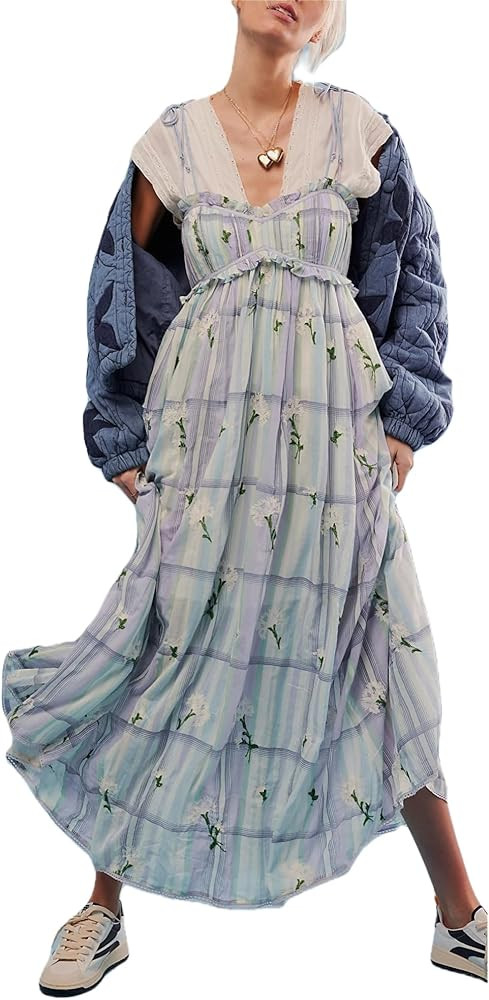 Sastianaen Women Boho Tie Shoulder Maxi Dress Y2k Flowy Tiered Long Dress Summer Going Out Smocke... | Amazon (US)