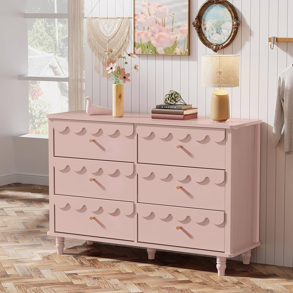 Anbuy Pink 6 Drawer Dresser for Bedroom, Modern Wide Chest of Drawers, Scalloped Organizer Storag... | Amazon (US)