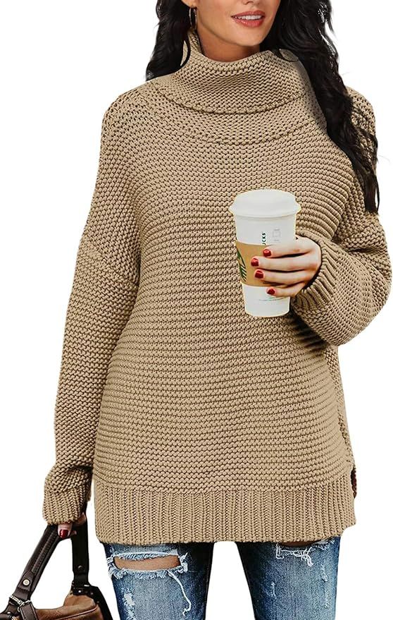 PrinStory Womens Casual Long Sleeve Turtleneck Chunky Knit Pullover Sweater Tops with Side Slit | Amazon (US)