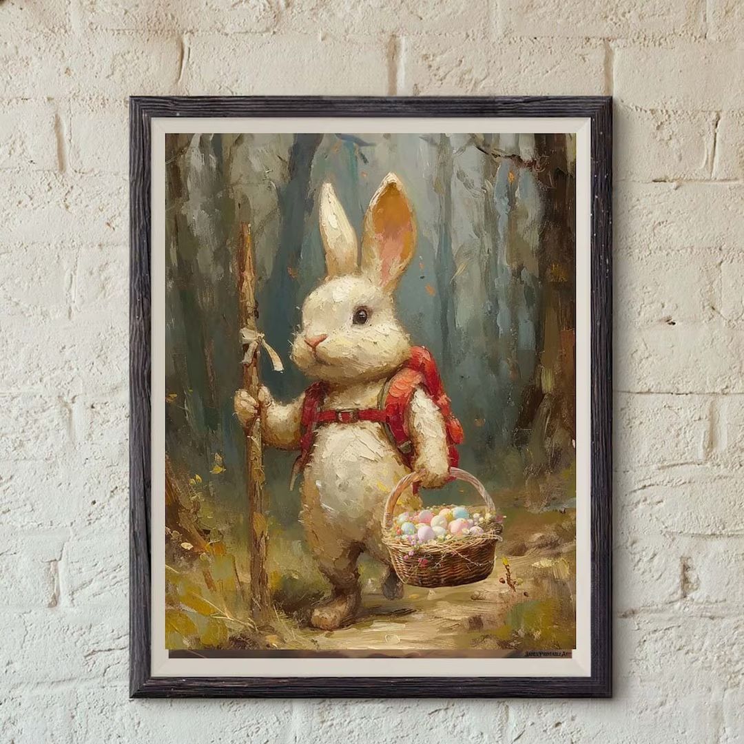 Hiking Easter Bunny Oil Painting Print on Poster Canvas, Forest Wall Art Easter Bunny Painting, E... | Etsy (US)