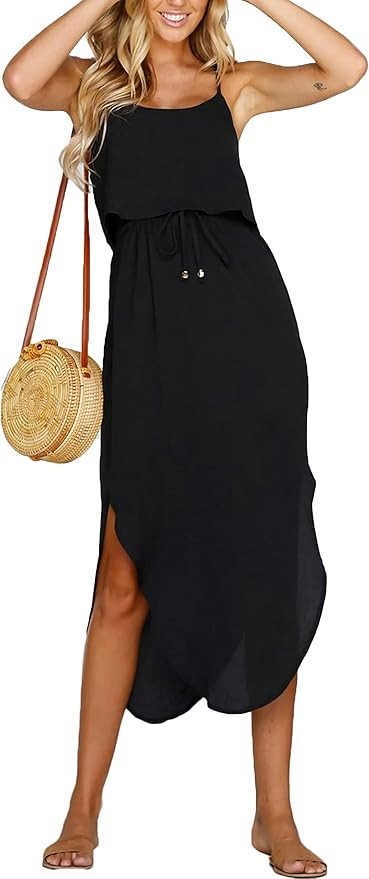 Women's Adjustable Strappy Split Summer Beach Casual Midi Dress | Amazon (US)