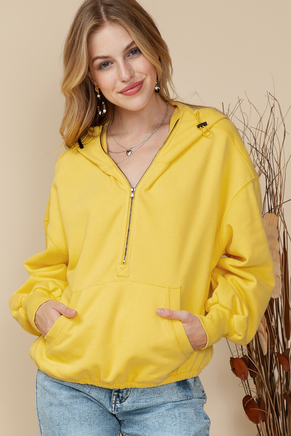 Yellow Solid Color Half Zip Pullover Hoodie with Kangaroo Pocket | Shewin
